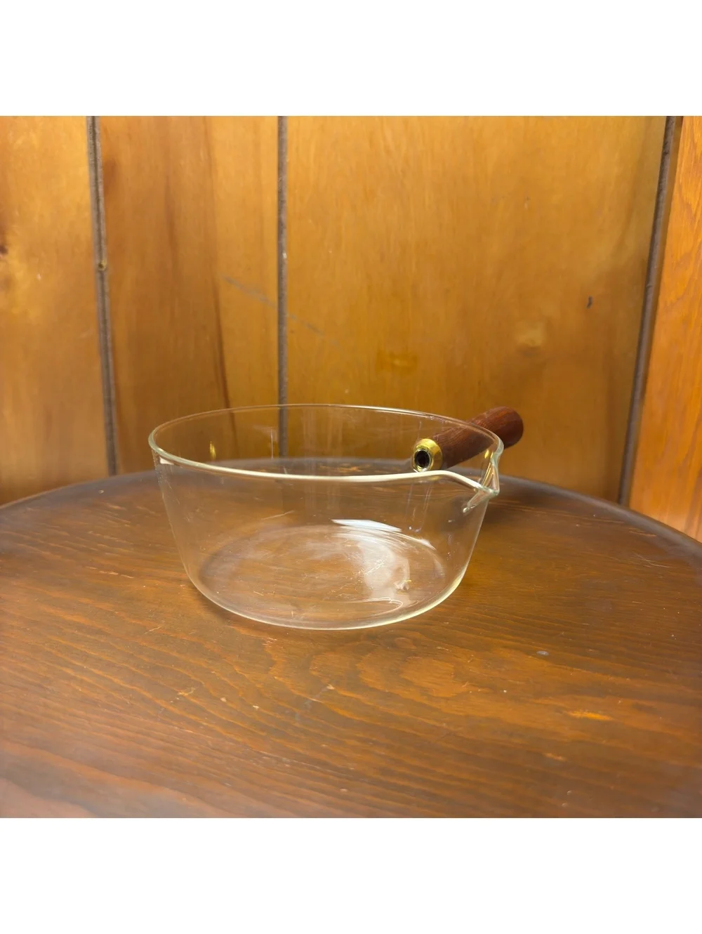 Clear Glass Saucepan With Wood Handle 6 Inch Pour Spout Vintage Style